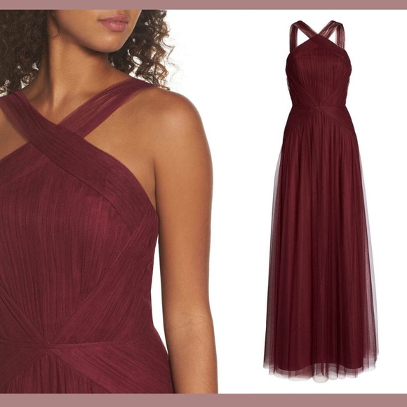 NWT‎ Hayley Paige Occasions High Neck Pleated English Net Gown Burgun [SZ 8 ] - Picture 2 of 8